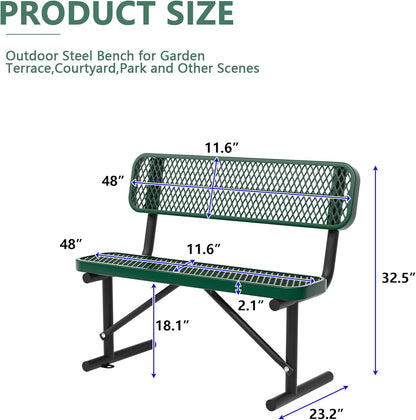 4FT Heavy Duty Park Bench with Back Portable Frame, Outdoor Steel Bench with Backrest, Green Park Bench Expanded Metal Mesh Bench for Lawn, Park, Deck, Garden, Patio, Porch (Green, 4FT)