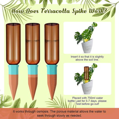 6 Sets Plant Watering Devices Include Terracotta Self Watering Spikes and 26 oz Plastic Bottles, Slow Release Vacation Insert Automatic Plant Waterer Device (Brown and Mixed Color)