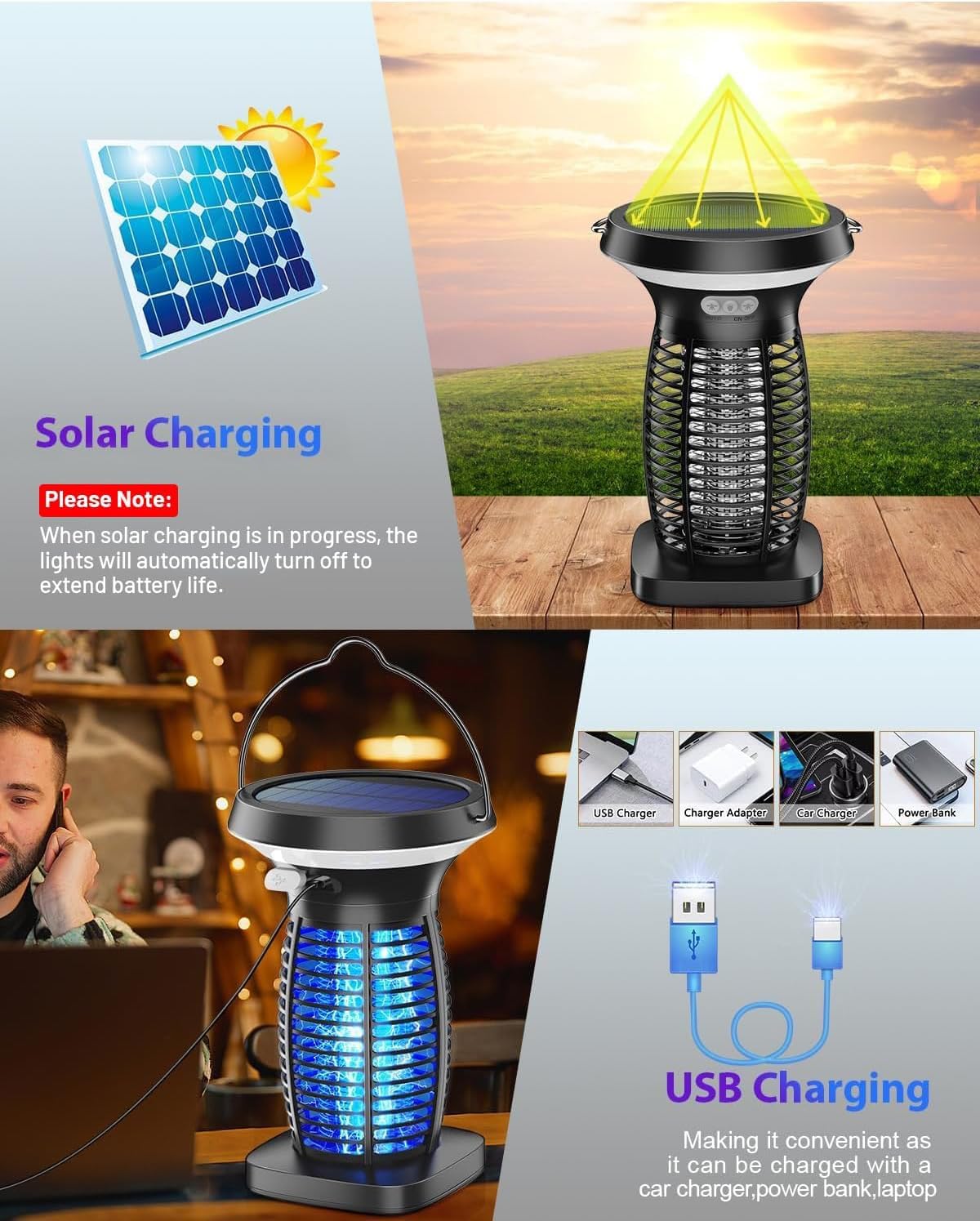 Solar Bug Zapper Outdoor Waterproof, Portable Pest Control Electric Mosquito Zapper Killer with Panel Sensor, Rechargeable Insect Trap Fly Zapper for Home, Patio, Backyard, Camping