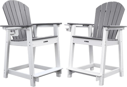 Tall Adirondack Chairs Set of 2, Adirondack Barstools, Weather Patio Garden Pool Fire Pit Balcony Outdoor Bar Stools HDPE Plastic Barstools with Backs for Garden, Backyard, Yard (Grey)