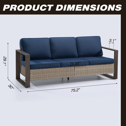 Joyside Outdoor Patio Wicker Sofa, 3-Seater Rattan Sofa with Thick Olefin Cushions and Metal Steel Rectangular Framed Armrest -Looking Metal Armrest Suitable for Garden, Backyard, Porch, Deck (Blue)