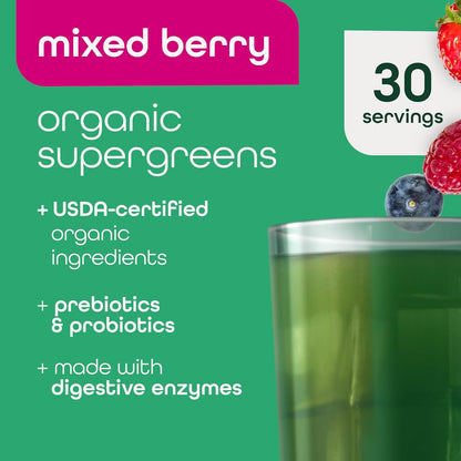 Zena Nutrition Organic Super Greens Powder, 70+ Superfoods, 0 Sugar, 3G Fiber, Spirulina, Chlorella, Antioxidants, Prebiotics/Probiotics, Digestive Enzymes, Mixed Berry, 30 Servings