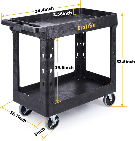 ELAFROS Heavy Duty Plastic Utility Cart 34 x 17 Inch - Work Cart Tub Storage W/Deep Shelves and Full Swivel Wheels Safely Holds up to 550 lbs - 2 Tier Service Cart for Warehouse,Garage, Cleaning