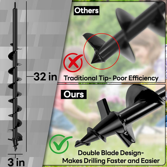 Upgraded Auger Drill Bit for Planting, 3''x32'' Drill Auger for Digging Holes, Heavy Duty Post Hole Digger for Garden Planting, Bulbs Fences Umbrella Holes, Fit 3/8" Hex Drive Drill