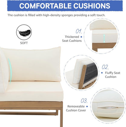 Soleil Jardin 4 Piece Acacia Wood Patio Furniture L-Shaped Outdoor Sectional Sofa Set with Coffee Table, FSC Certified Conversation Set with Built-in Side Table and Cream White Cushions for Garden