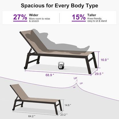 PURPLE LEAF Oversized Patio Lounge Chairs Set of 3, Reclining Pool Lounge Chairs with Side Table and Wheels for All Weather for Outdoor, Deck, Lawn, Aluminum Outside Pool, Taupe