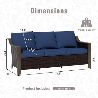 3 Piece Wicker Patio Conversation Set, All-Weather Use Outdoor Wicker Sofa with 2 PE Rattan Chair, Removable Water-Resistant Cushion, Ideal for Porch, Backyard, Balcony, Poolside, Blue