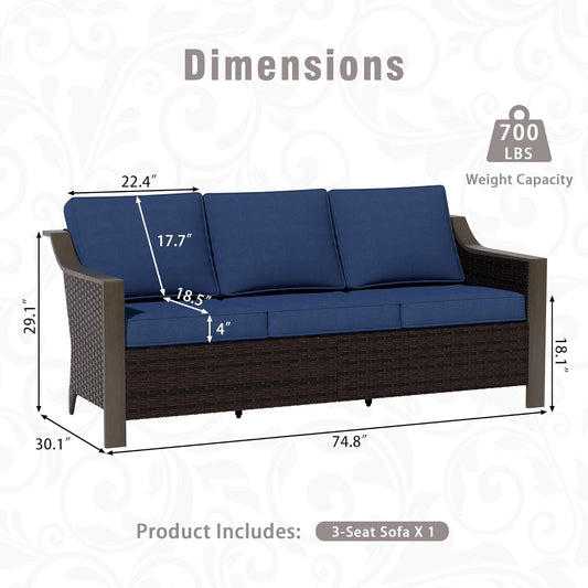 3 Piece Wicker Patio Conversation Set, All-Weather Use Outdoor Wicker Sofa with 2 PE Rattan Chair, Removable Water-Resistant Cushion, Ideal for Porch, Backyard, Balcony, Poolside, Blue