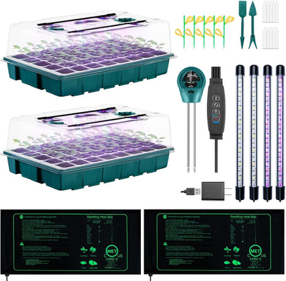 Seed Starter Tray with Grow Lights and Heat Mat, 3-in-1 Soil Meter, 80-Cell Seed Growing Tray, Germination & Plant Propagation Station for Indoor Plants 2-Pack