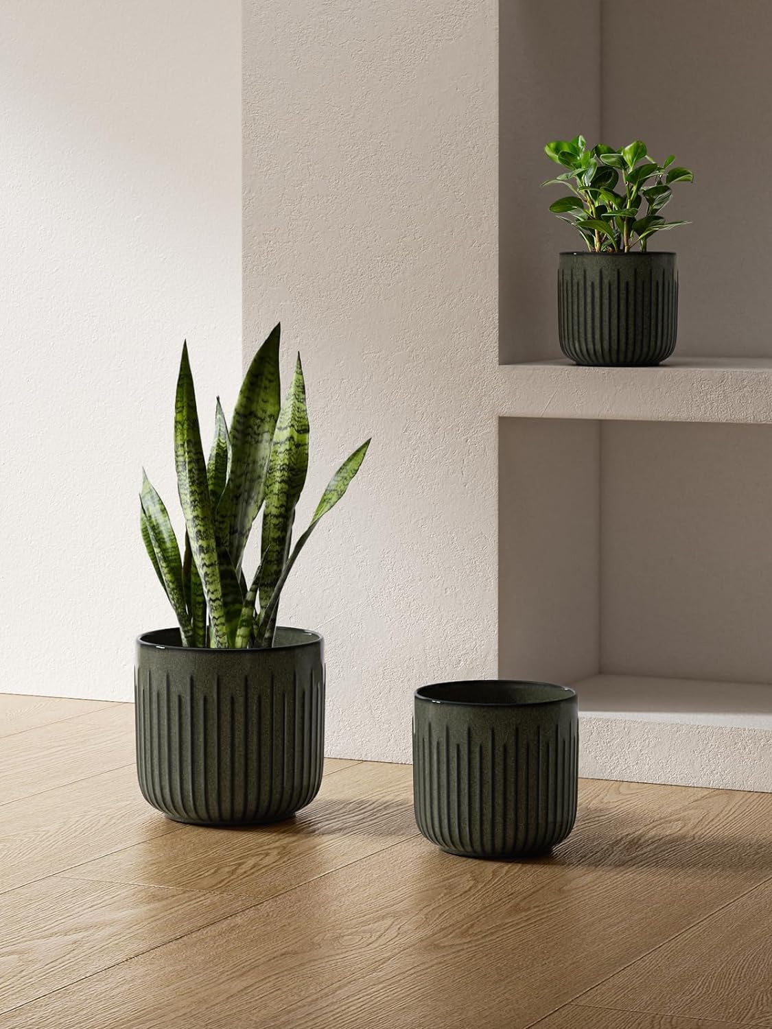 LE TAUCI Fluted Ceramic Planters Set of 3 – 8.3/7 / 5.7 in Dark Olive Reactive Cylinder Indoor Plant Pots with Drainage Plug & Mesh, Glossy Stoneware Flower Pots for Succulents Herbs