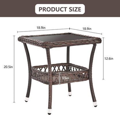 Outdoor Side Table Patio Wicker Coffee Table Outdoor End Table Rattan Bistro Table with Storage & Black Glass Table Top Square for Outside Balcony Porch Backyard Deck Brown
