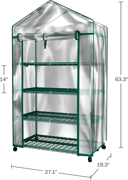 4 Tier Mini Greenhouse - Portable Greenhouse with Locking Wheels and PVC Cover for Indoor or Outdoor - 27 x 19 x 63-Inch Green House by Home-Complete