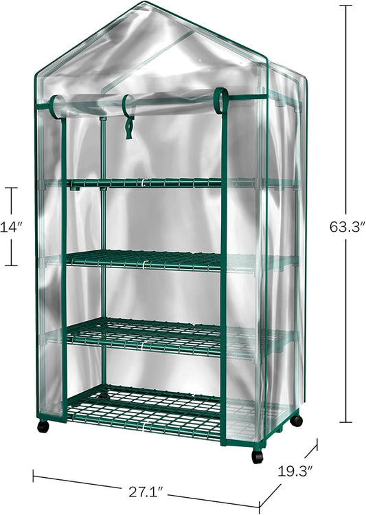 4 Tier Mini Greenhouse - Portable Greenhouse with Locking Wheels and PVC Cover for Indoor or Outdoor - 27 x 19 x 63-Inch Green House by Home-Complete