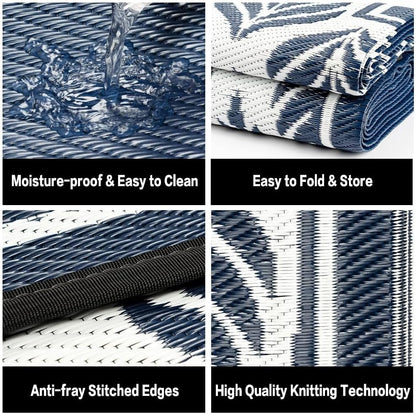 Outdoor Plastic Straw Rug, Waterproof Mat, Washable Large Floor Mat and Rug for Outdoors, RV, Beach, Patio, Camping, Backyard, Deck, Picnic, Outside (5x8ft,Olive-Leaf/Dark Blue&White)
