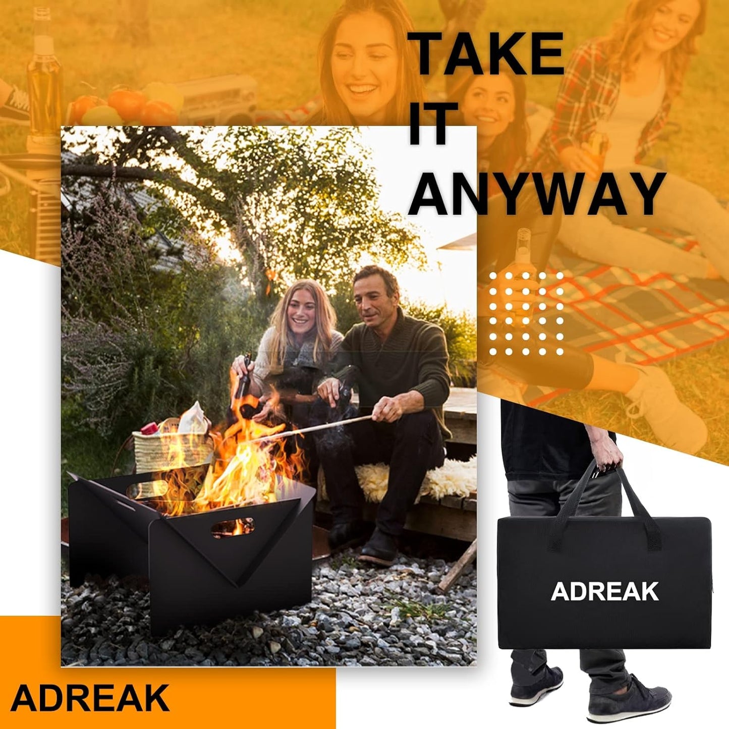 18 inch Fire Pit, Outdoor Portable Firepit with BBQ Tray, Detachable Camping Steel Fire Pits for Backyard, Patio, Picnic, Bonfire, Garden (Black-Small)