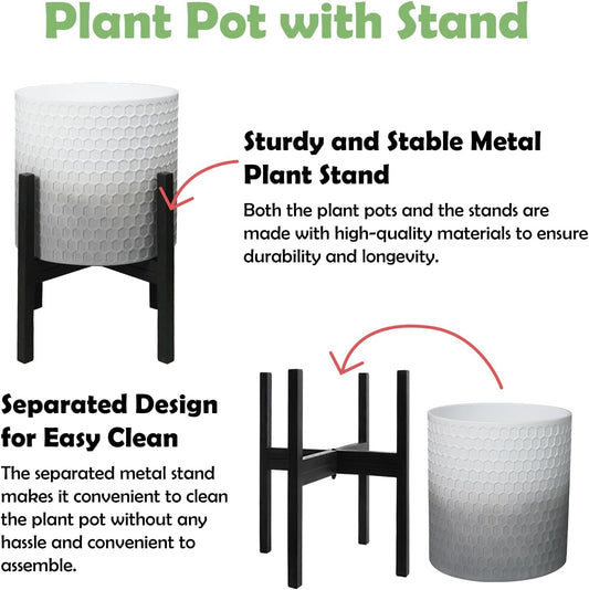 10 & 12 Inches Planters with Metal Sand for Indoor Plants Set of 2,Decorative Plant Pots with Holder, Outdoor Flower Pots with Legs, Modern Garden Pot with Drainage Holes for Snake Plant, House plants