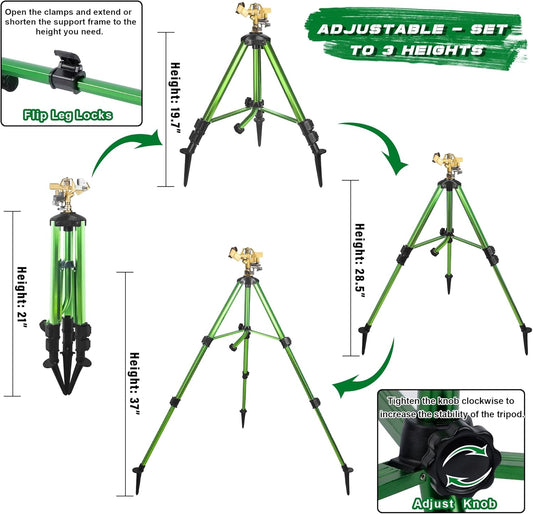 Triumpeek Impact Sprinkler on Tripod Base with Stakes, 360 Degree Large Area Coverage Irrigator with Extension Legs, Adjustable Brass Sprinkler Head Nozzle and 3/4" NH Inlet Hose Connection (1)