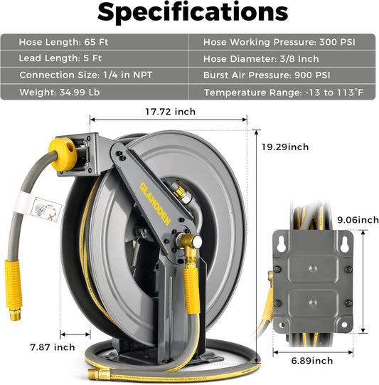 Double Arm Retractable Air Hose Reel, 3/8 in × 65 ft Hybrid Hose Heavy Duty Steel Professional Air Compressor Hose Reel with 5 ft Lead in Max 300PSI Auto Rewind Quick Coupler Swivel Fitting