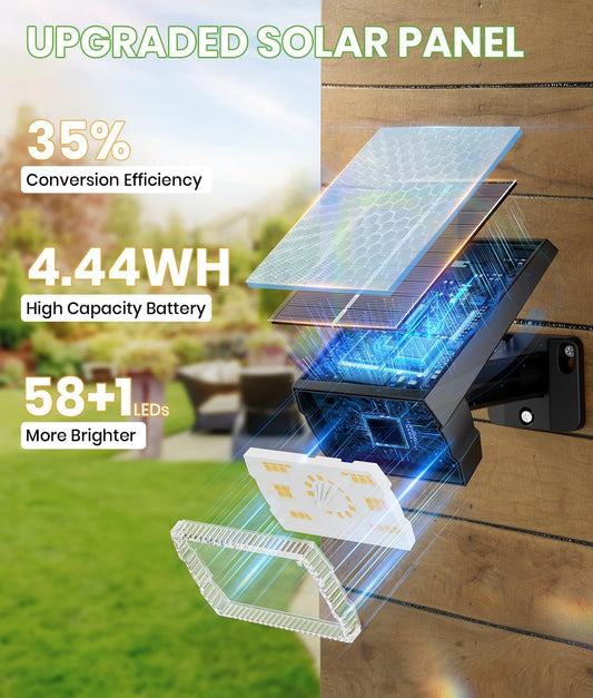 Large Panel Solar Spot Lights Outdoor, [58 LED/3500K/3 Modes] Solar Flood Lights Waterproof IP67, Auto On/Off, 2-in-1 Wall Light Outdoor Light for Tree Yard Garden Pathway, 2 Pack