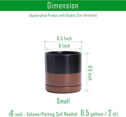 D'vine Dev Set of 2 Plants Pots, 6 Inch Ceramic Planter Pot for Plants with Drainage Hole and Saucer, Black/Speckled Tan, 94-V-C-7