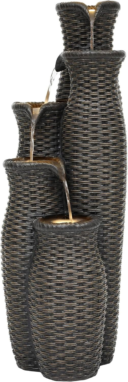 5-Tier Faux Rattan Vase Water Fountain Outdoor with LED Lights, Polyresin Cascading Waterfall Feature, Tranquil Oasis for Garden, Patio, Yard, or Porch