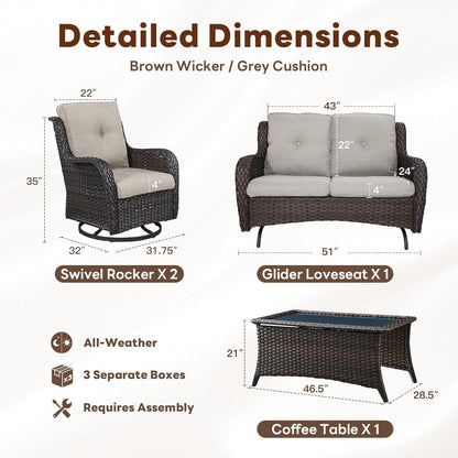 4 Piece Patio Furniture Set - Outdoor Glider Bench with Swivel Rocker Chairs and Coffee Table, High Back Small Outdoor Conversation Furniture Sets for Deck Sunroom Balcony Backyard