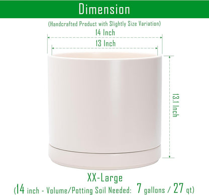 D'vine Dev 14 Inch Ceramic Planter Pot with Drainage Hole and Saucer, Indoor Cylinder Round Planter Pot, Oatmeal, 94-O-G-8