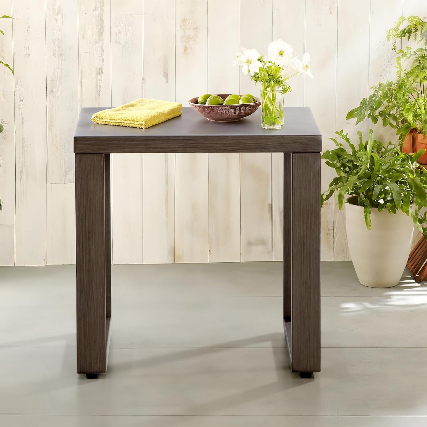 Outdoor Metal Side Table - 20"x 20" Small Square Coffee Table Patio Bistro Set Ideal Match for Patio Furniture, Wood-Looking Brown