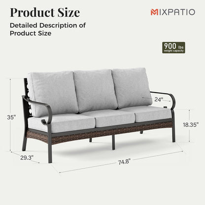 Patio Furniture Sofa, 3-Seat Patio Sofa Steel Frame Outdoor Sectional Couch with Deep Seating and 5.75” Cushions for Lawn Backyard Porch Deck, Light Grey