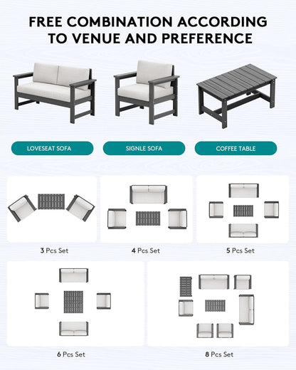 SERWALL 6 Pieces HDPE Outdoor Sofa Set with Cushions, Outdoor Conversation Couch Loveseat Furniture Set with Coffee Table for Balcony, Deck, Poolside, Grey Frame with Khaki Cushions