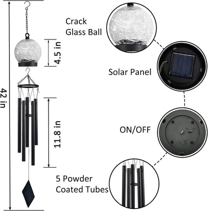 Wind Chimes Outdoor Solar Lights, 42 Inch Large Sympathy Chime 15 Cool White LEDs Crackled Glass Ball Birthday Gifts for Women Decorative Hanging in Garden, Yard, Patio, Landscape