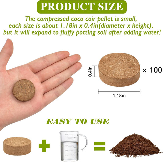 ZeeDix Organic Coco Coir Pellets Potting Soil, 100pcs 30mm Compressed Coconut Fiber Seed Starter Soil Pellets, Coco Peat Soil Discs for Indoor Ourdoor Plants, Herbs, Houseplants, Flowers, Vegetables