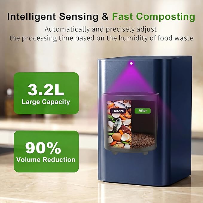 Electric Composter for Kitchen, 3.2L Countertop Compost Bin with Strong Brushless Motor(2X Longer Lifespan), Quiet & Odorless, Indoor Food Waste Composter with LED Display, Auto-Cleaning, EC04