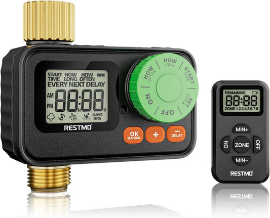 RESTMO RF Remote Controlled Sprinkler Timer with Brass Inlet & Outlet, Programmable Water Timer for Garden Hose, Automatic | Manual | Rain Delay for Outdoor Faucet, Drip Irrigation and Lawn Watering