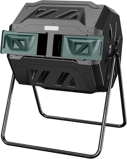 East Oak Compost Tumbler Outdoor, 43-Gal Dual Chamber Compost Bin with 2 Sliding Door and Aeration System, Tumbling Rotating Composter Bin for Kitchen, Garden, Yard