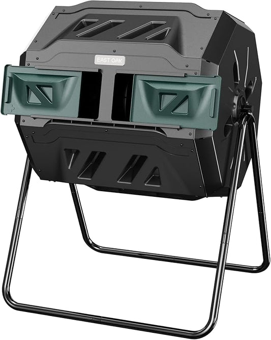 East Oak Compost Tumbler Outdoor, 43-Gal Dual Chamber Compost Bin with 2 Sliding Door and Aeration System, Tumbling Rotating Composter Bin for Kitchen, Garden, Yard