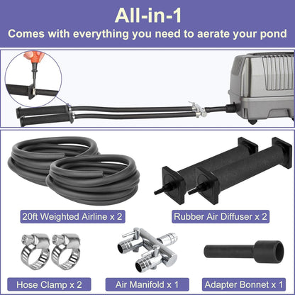 AquaMiracle Koi Pond Aerator Pond Air Pump with Self-Sinking Airline Rubber Air Diffuser, Air Flow Control Pond Deicer All-in-One Pond Aeration Kit for Outdoor Pond 5,000-10,000 Gallons