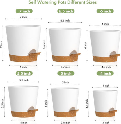 7/6.5/6/5.5/5/4 inch Self Watering Pots for Indoor Outdoor Plants, 6 Pack Plastic Flower Planters with Drainage Holes and Removable Saucers, Plant Pots with Wicking Rope, White Brown