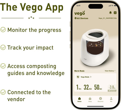 Vego Kitchen Composter, 4L Electric Composter Countertop 5 Modes Weight-Based Smart Compost Bin with App Odorless Auto-Cleaning Food Waste Compost Machine Indoor, White