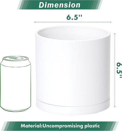 D'vine Dev 2 Pack 6.5 Inch Modern Plastic Plant Pots, Small Garden Planters for Plant with Drainage Holes and Saucers, White Color, 74-Z-L-1