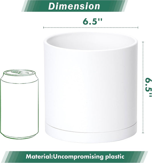 D'vine Dev 2 Pack 6.5 Inch Modern Plastic Plant Pots, Small Garden Planters for Plant with Drainage Holes and Saucers, White Color, 74-Z-L-1