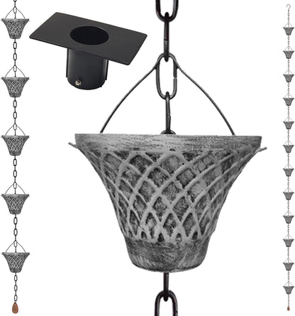 8.5FT Bell Iron Rain Chains for Gutter and Rain Barrel, Rust-Resistant Plated Garden Décor for Downspout, Bonus Rain Chain Gutter Adapter (Antique-Gray)