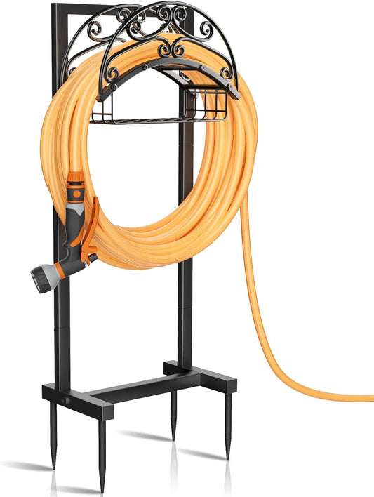 Upgraded Garden Water Hose Holder - Holds Upto 150 Feet, Heavy-Duty Freestanding Metal Stand, Detachable Hose Hanger Storage Rack for Outside Yard Lawn