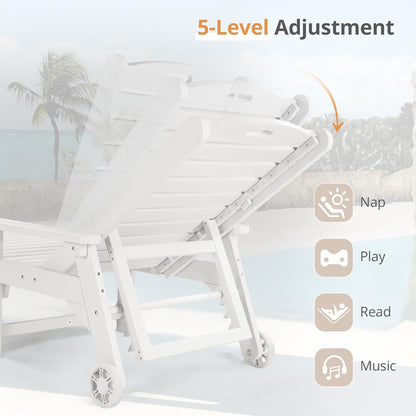 LUE BONA Outdoor Chaise Lounge, 79'' Oversized HDPS Chaise Lounger, 5 Positions Adjustable Lounge Chairs, Pool Lounge Chair with Wheels for Poolside, Backyard, 3 Year Warranty, White