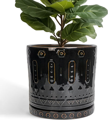 Ceramic Pots for Plants - 12 Inch Large Planter with Drainage Hole and Saucer, Ceramic Flower Pots for Indoor Outdoor, Boho Round Planter, Patio Decor, Gifts for Plant Lover, Black