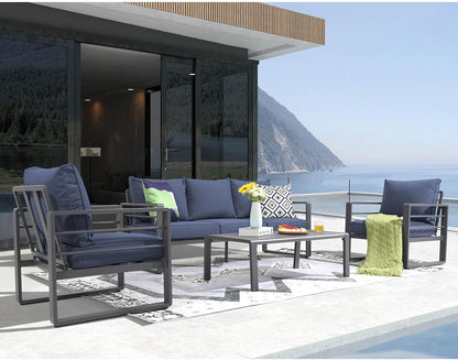 Patiorama Aluminum Patio Furniture Set, 4 PCS Modern Patio Conversation Set, All Weather Dark Grey Outdoor Sectional Sofa Set w/Table, 3-Seater Sofa, Superior Olefin Cushion, Garden-Blue Cushion