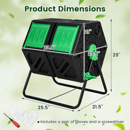 Dual Chamber Outdoor Compost Tumbler, Heavy-Duty Rotating Composter with Aeration & 2 Sliding Doors, 34.5 Gallon Composting Bin for Garden Kitchen Yard Waste