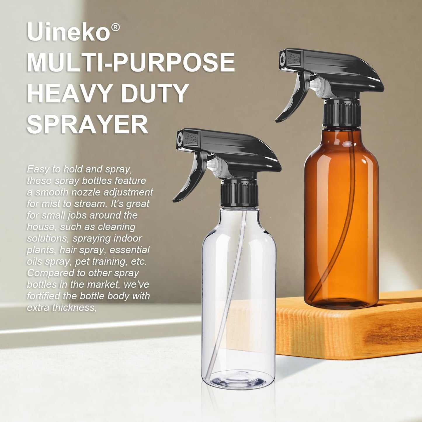 Spray Bottles 2-Pack, 10 Oz, Mist & Stream, Heavy Duty Spraying Empty Water Sprayer Bottle, BPA Free Plastic Refillable Containers for Cleaning Solutions, Plants, Hair, Essential Oils (Amber)