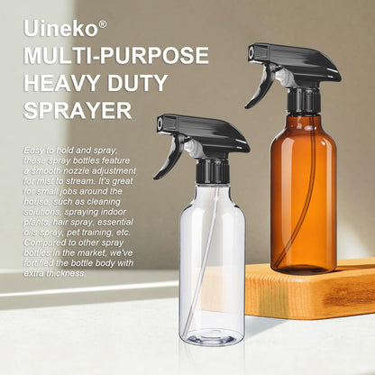 Spray Bottles 2-Pack, 10 Oz, Mist & Stream, Heavy Duty Spraying Empty Water Sprayer Bottle, BPA Free Plastic Refillable Containers for Cleaning Solutions, Plants, Hair, Essential Oils (Clear & Amber)