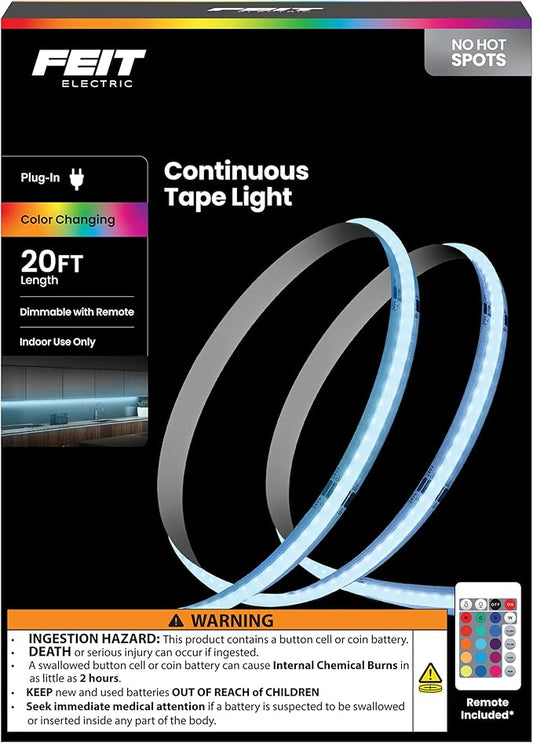 Feit Electric 20ft Color LED Tape Light, COB Technology, Customizable Length, Remote Control, Ultra-Thin 10mm Design, Perfect for Indoor Lighting, Shelves, Cabinets & Staircases, TAPE240/COB/RGB